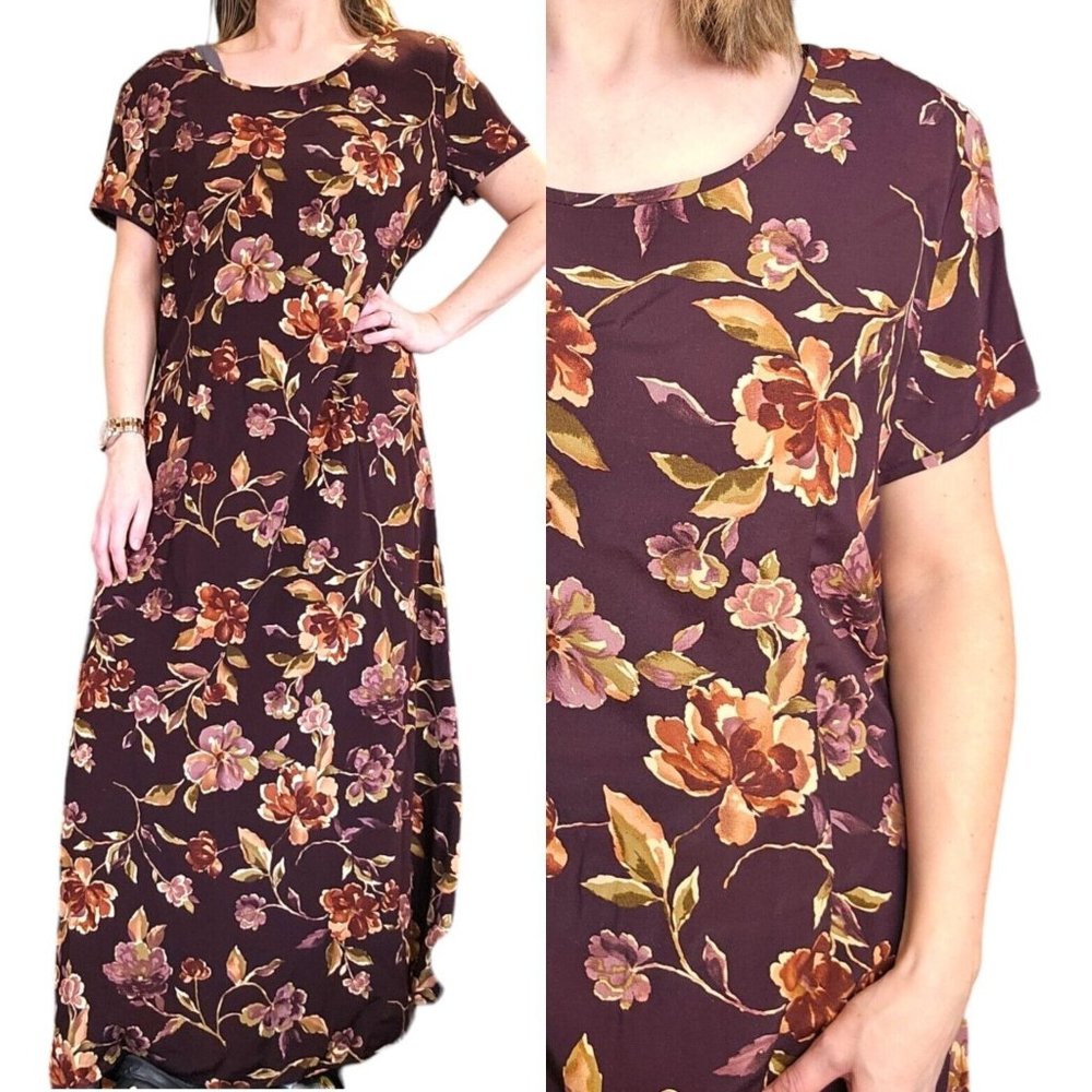 Vintage 90s Purple Sz 12 Dark Floral Long Maxi Dress Shortsleeve Romantic